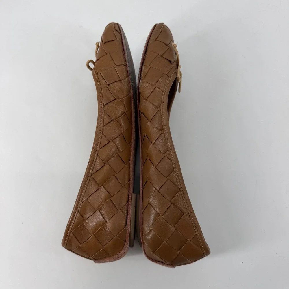 Tory Burch Carlyle Woven Leather Ballet Flats Brown Bow Logo Women's 7M